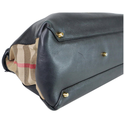 BURBERRY House Check Medium Banner Calf Leather Tote Bag Black