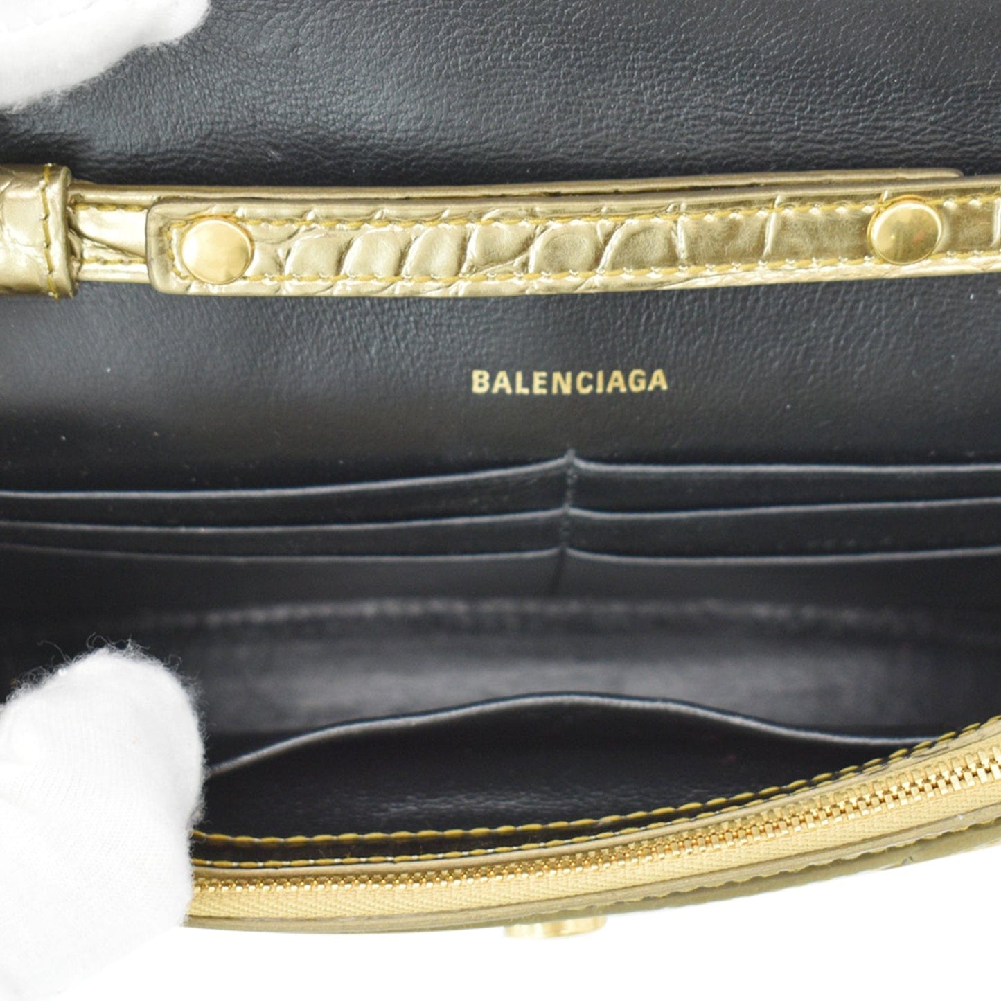 BALENCIAGA Hourglass Metallized Crocodile Embossed Wallet on Chain Crossbody Bag Gold