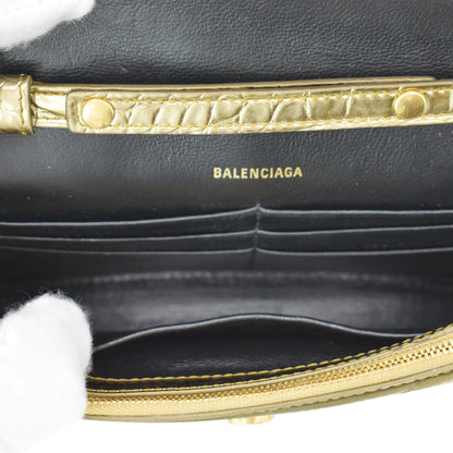 BALENCIAGA Hourglass Metallized Crocodile Embossed Wallet on Chain Crossbody Bag Gold