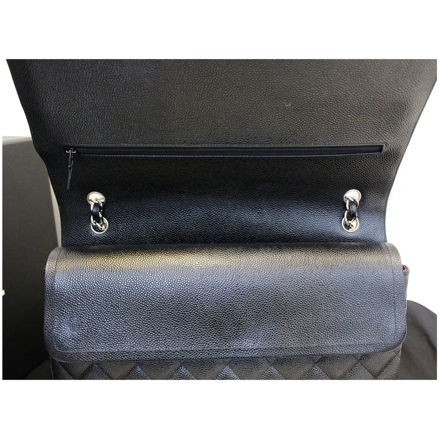 CHANEL Maxi Caviar Leather Jumbo Double Flap Shoulder Bag Black