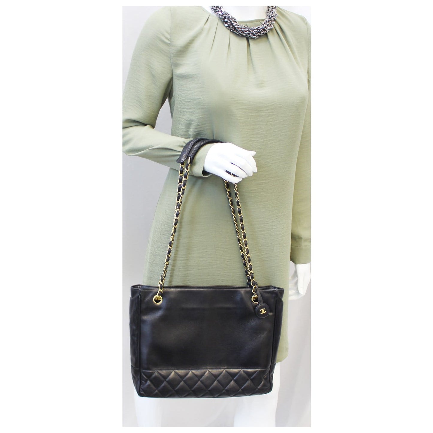 CHANEL Black Lambskin Tote Shoulder Bag Vintage