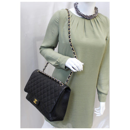 CHANEL Maxi Jumbo Classic Flap Caviar Leather Shoulder Bag Black