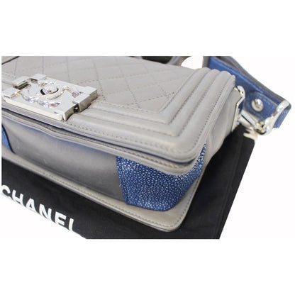 CHANEL Boy Flap with Stingray Lambskin Shoulder Bag Silver