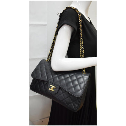CHANEL Classic Jumbo Double Flap Caviar Leather Shoulder Bag Black