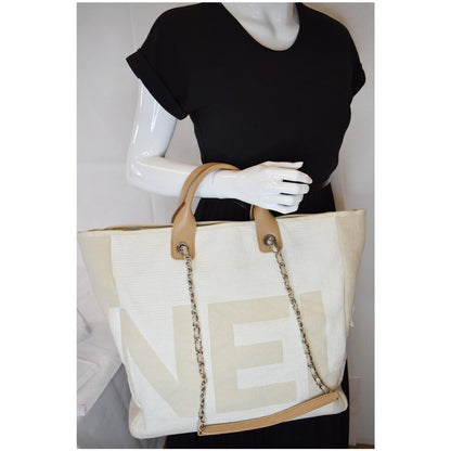 CHANEL 18P Deauville 2Way Logo Chain Shopping Tote Bag Beige