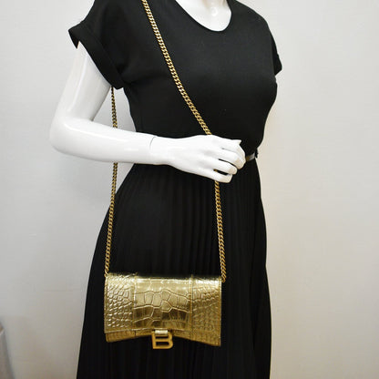 BALENCIAGA Hourglass Metallized Crocodile Embossed Wallet on Chain Crossbody Bag Gold
