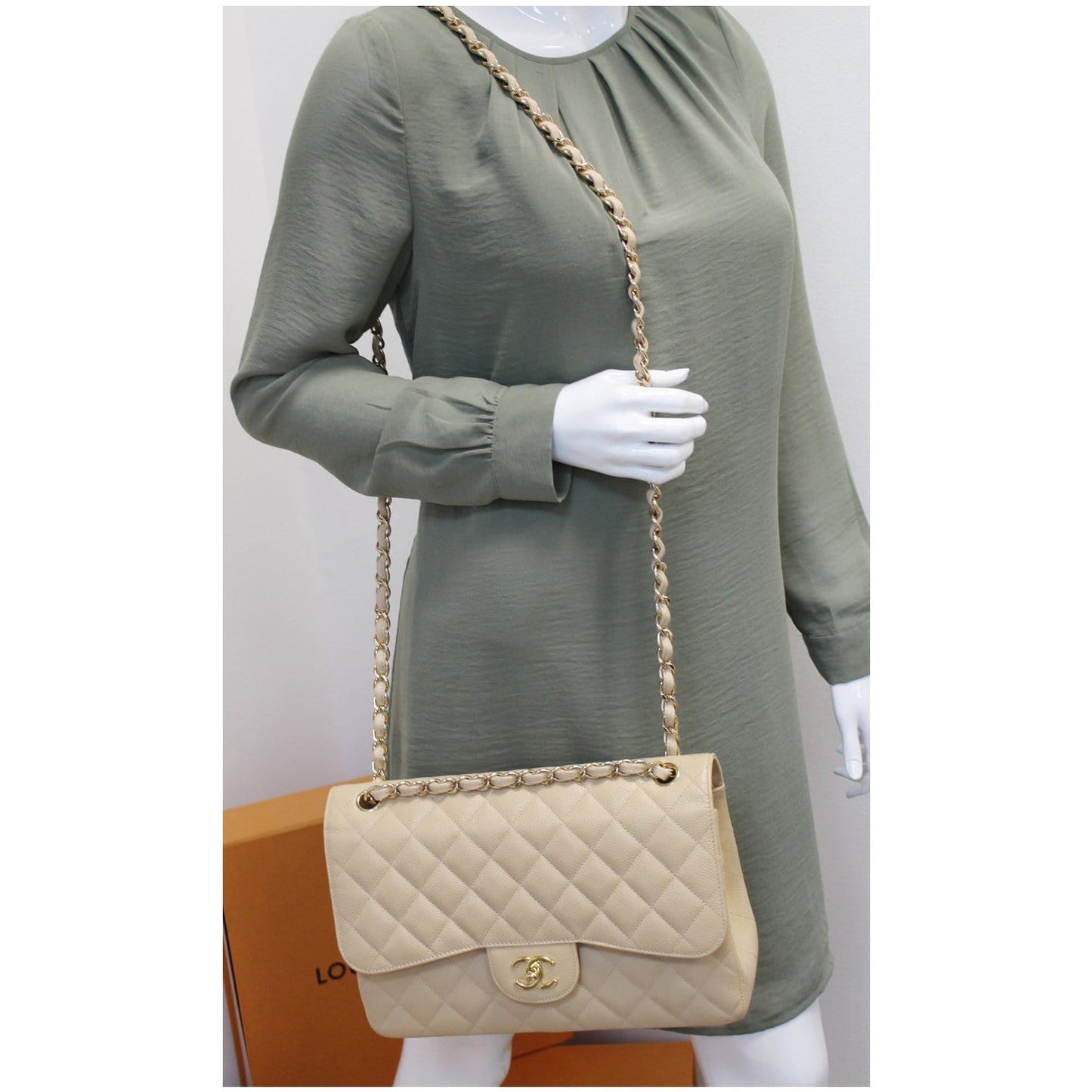 CHANEL Jumbo Double Flap Caviar Leather Shoulder Bag Beige