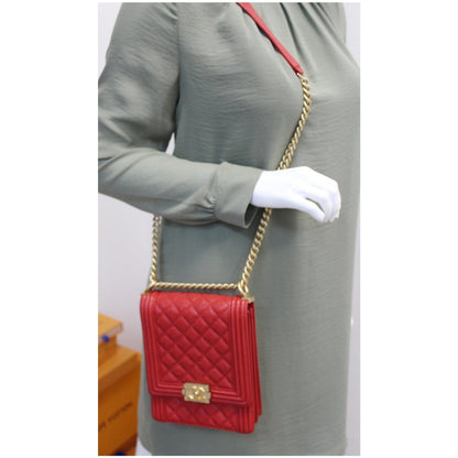 CHANEL North South Boy Quilted Caviar Leather Crossbody Bag Red