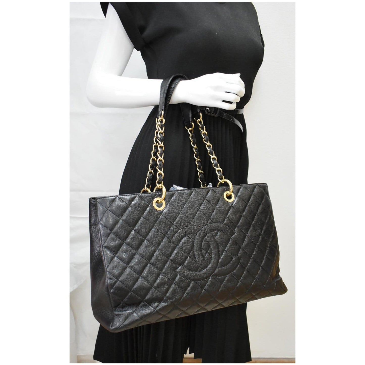 CHANEL XL Grand Quilted Caviar Leather Shopping Tote Bag Black