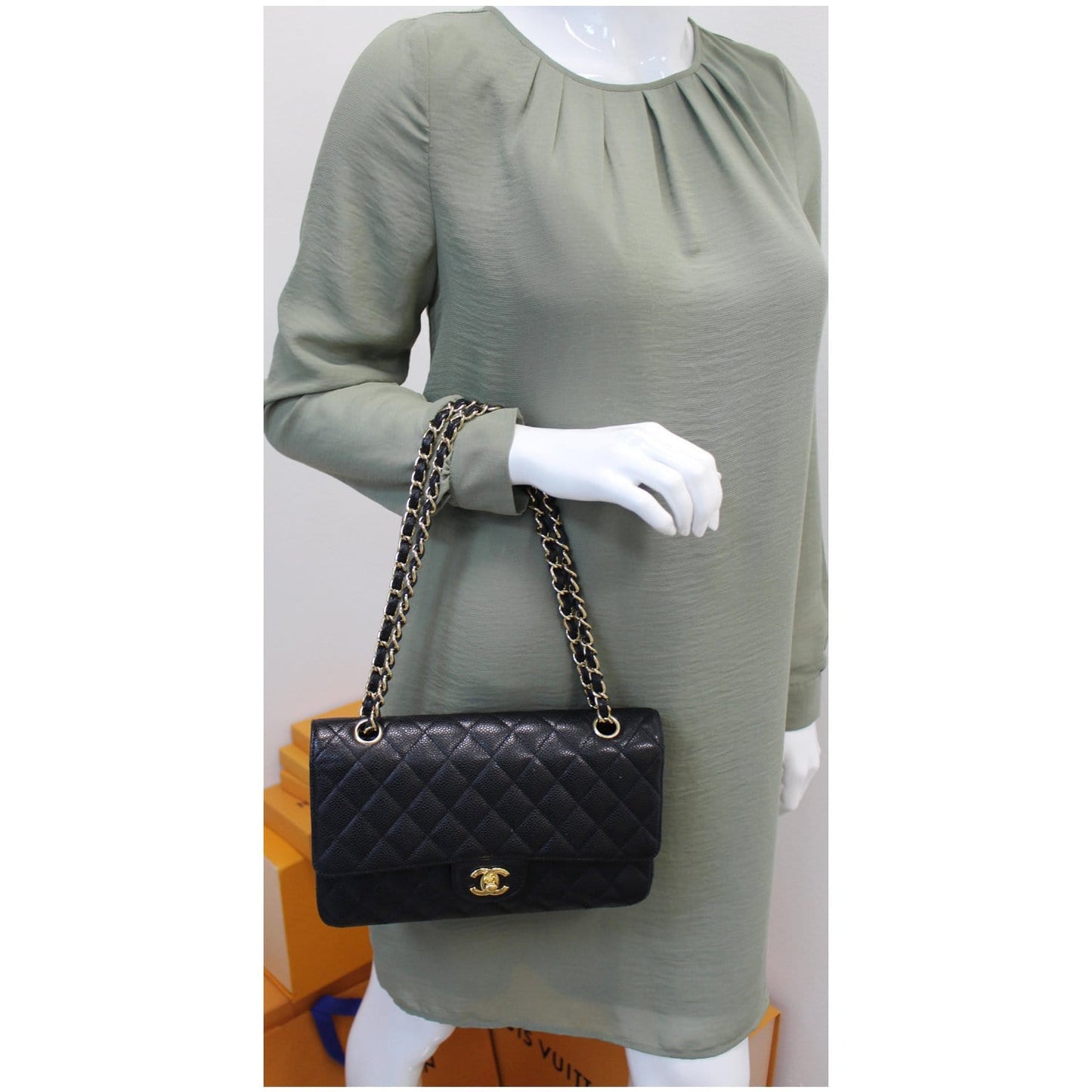 CHANEL Classic Medium Flap Caviar Leather Shoulder Bag Black