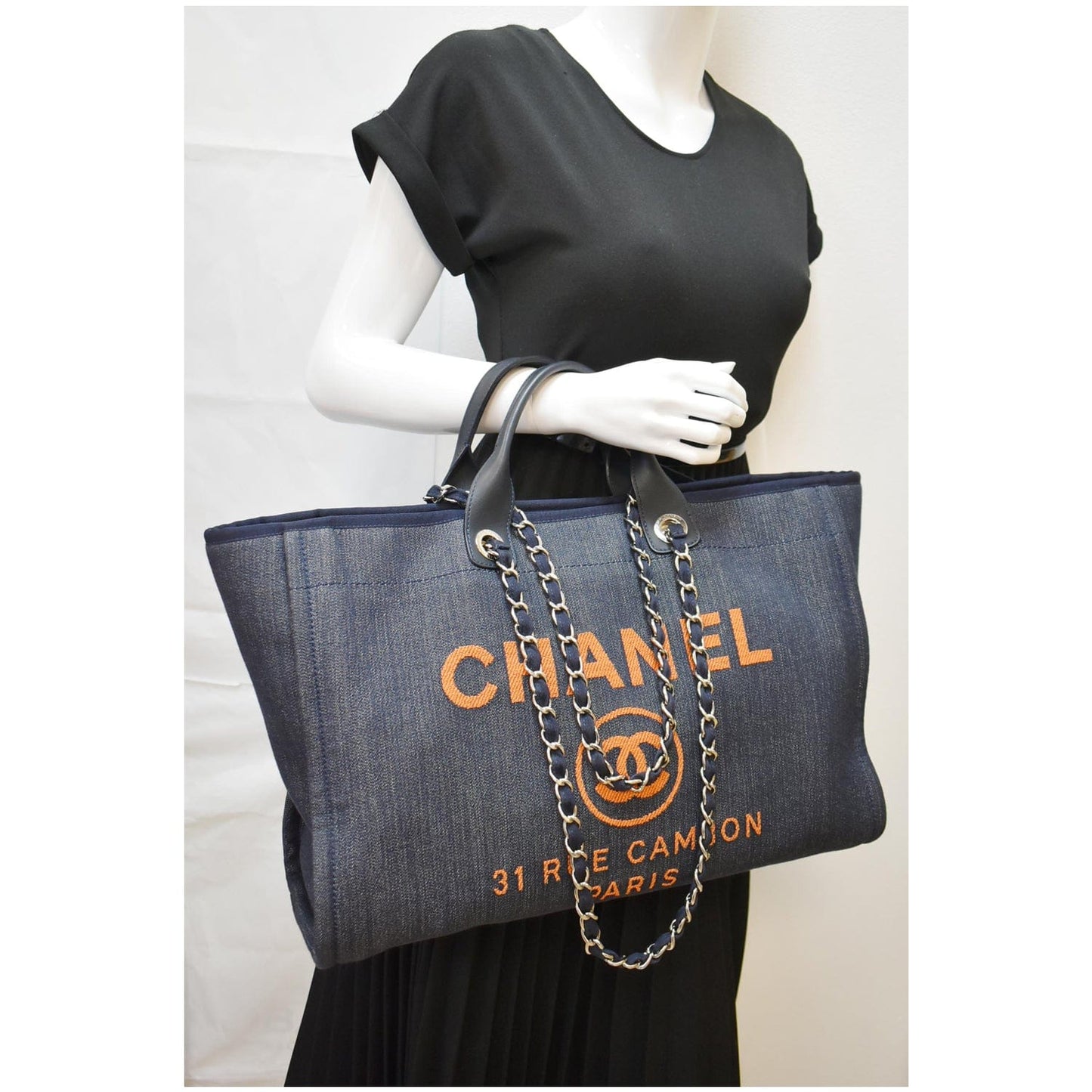 CHANEL Deauville Large Denim Shopping Tote Bag Dark Blue