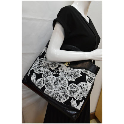 CHANEL 31 Printed Cotton Leather Shopping Shoulder Bag Black