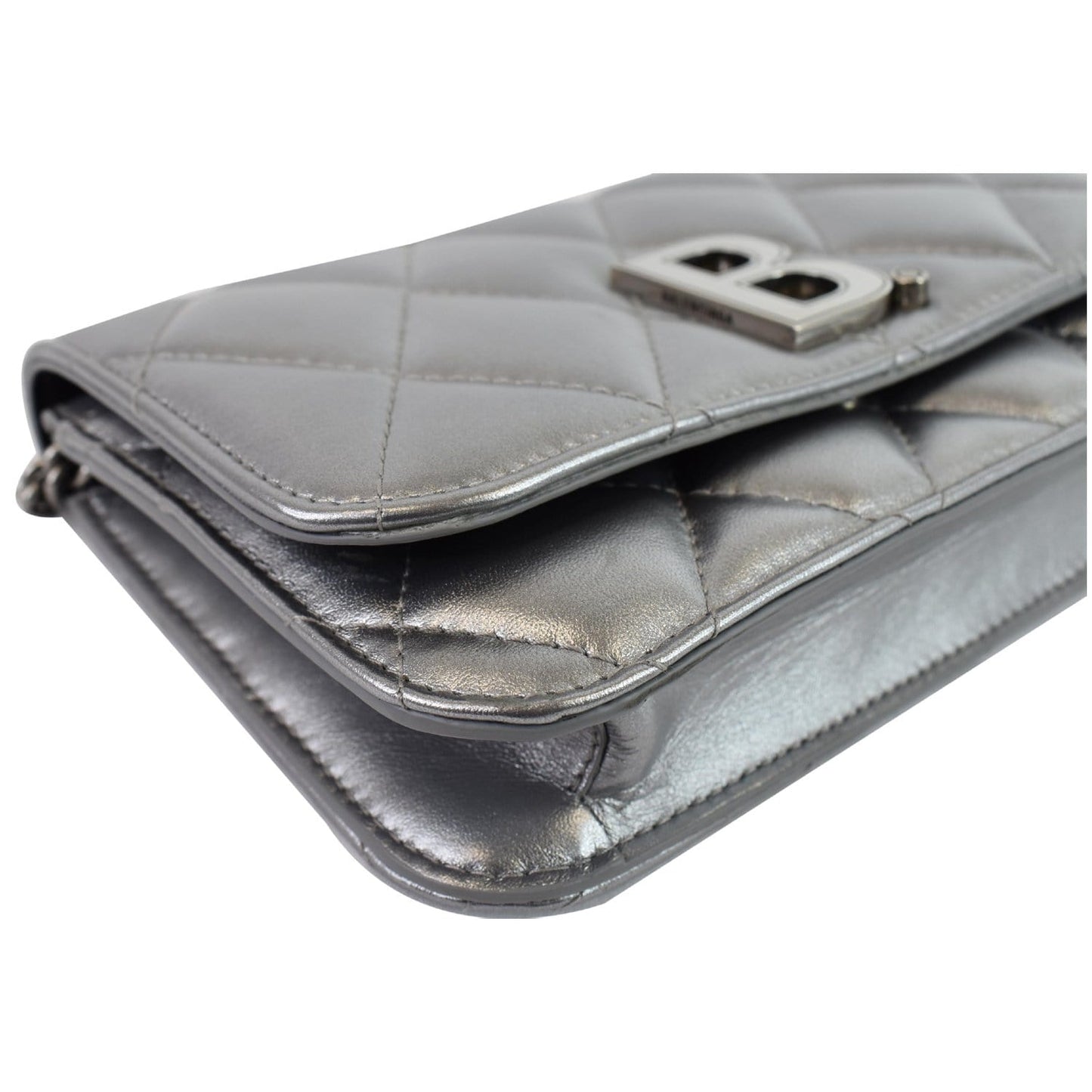 BALENCIAGA B Quilted Leather Wallet On Chain Crossbody Bag Silver - Last Call