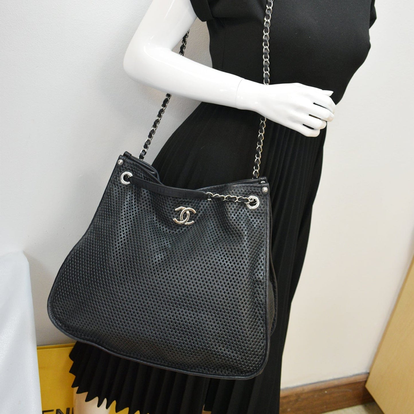 CHANEL Perforated Up In The Air Calfskin Tote Bag Black