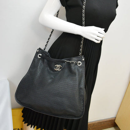 CHANEL Perforated Up In The Air Calfskin Tote Bag Black