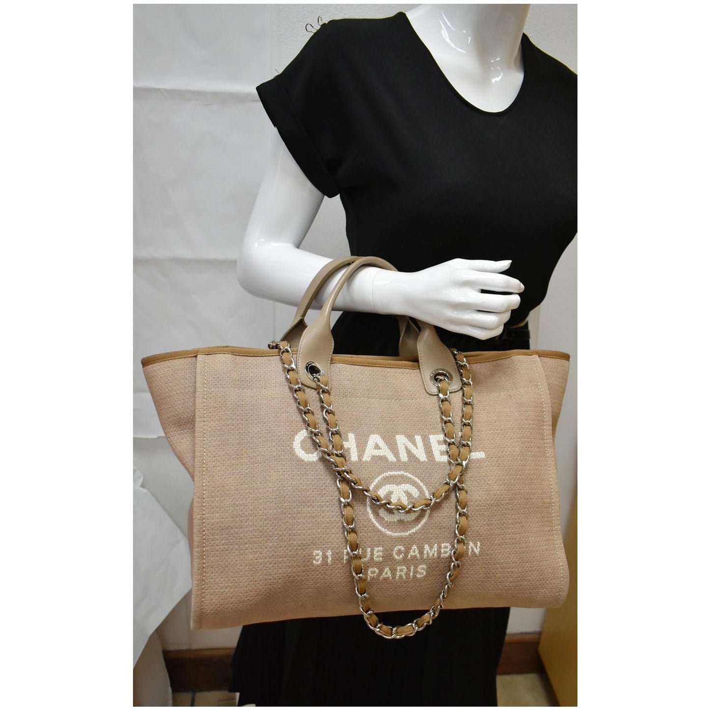 CHANEL Deauville Large Canvas Tote Bag Beige