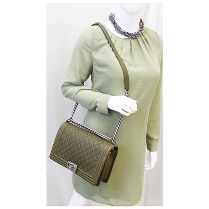 CHANEL Medium Boy Flap Caviar Leather Shoulder Bag Olive Green