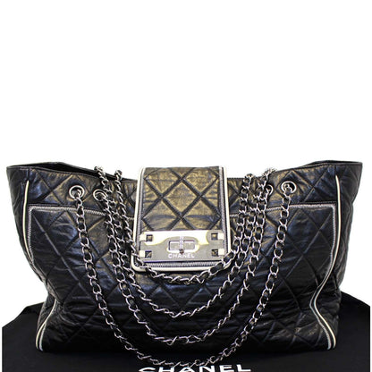 CHANEL East West Large Lambskin Quilted Leather Tote Shoulder Bag Black