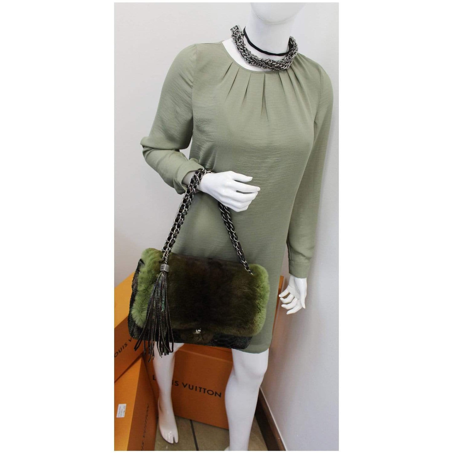 CHANEL Jumbo Classic Fur and Python Leather Flap Shoulder Bag Green - 25% OFF