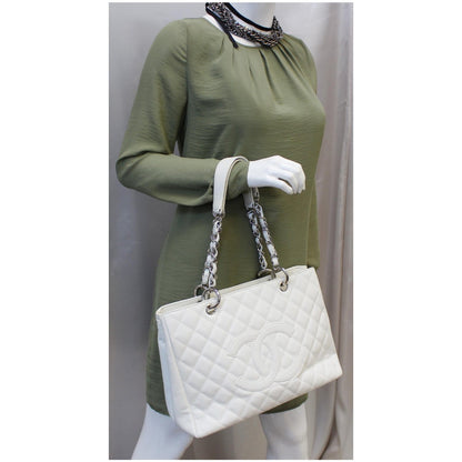 CHANEL Grand Shopping Caviar Leather Tote Bag White