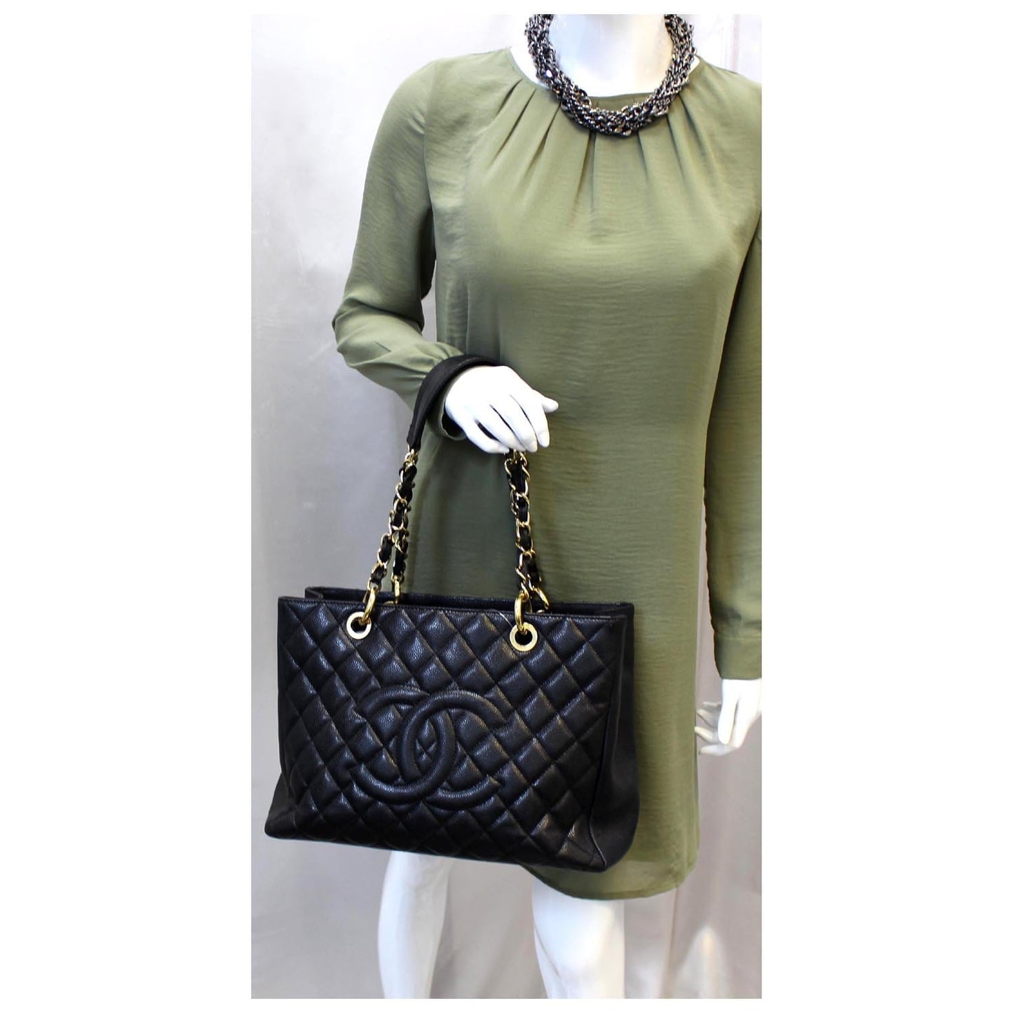 CHANEL Black Caviar Leather Grand Shopping Tote Bag