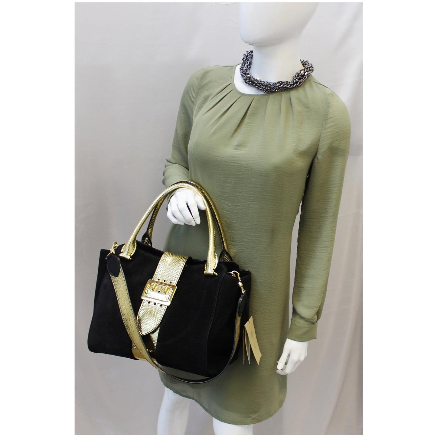 BURBERRY The Medium Buckle Suede and Snakeskin Tote Shoulder Bag Black - 20% OFF