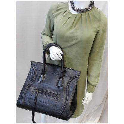 CELINE Medium Phantom Luggage Croc Stamped Embossed Leather Tote Bag Black