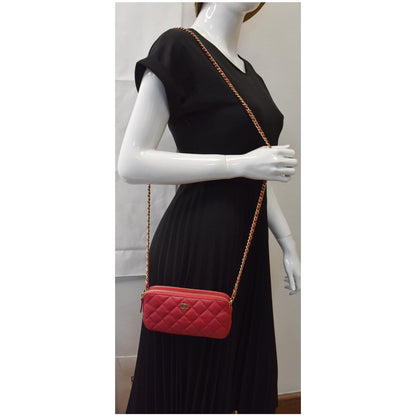 CHANEL Double Zip Wallet On Chain WOC Lambskin Shoulder Bag Red