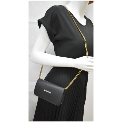 BALENCIAGA Logo Chain Leather Shoulder Bag Black