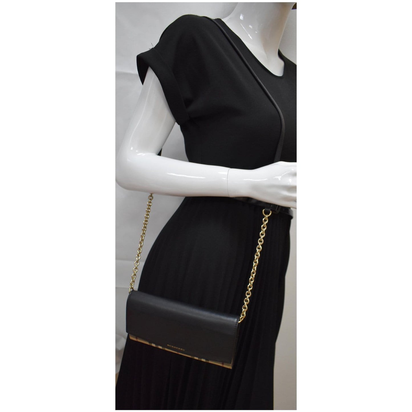 BURBERRY Henley House Check Leather Wallet On Chain Crossbody Bag Black