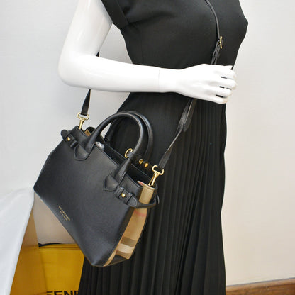BURBERRY Derby Banner Small House Check Leather Tote Shoulder Bag Black
