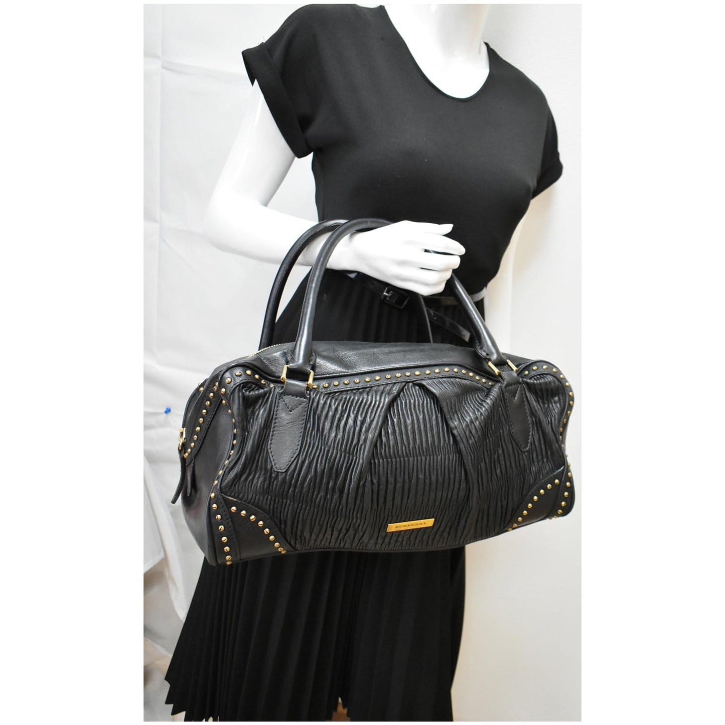 BURBERRY Studded Leather Satchel Bag Black