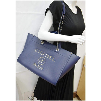 CHANEL Deauville Studded Caviar Tote Shoulder Bag Blue