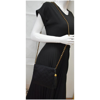 CHANEL Vintage Quilted Satin Tassel Shoulder Bag Black