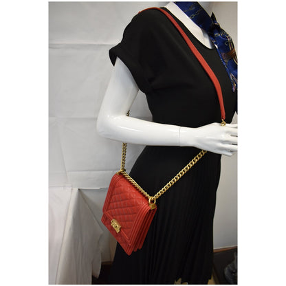 CHANEL North South Boy Quilted Caviar Leather Crossbody Bag Red