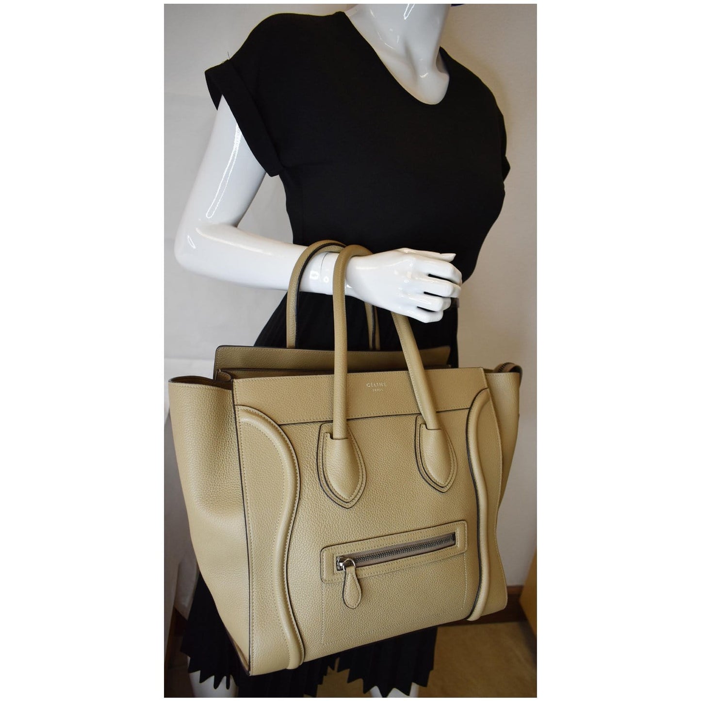 CELINE Drummed Calfskin Leather Mini Luggage Tote Bag Dune
