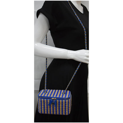 CHANEL Raffia Jute Striped Vanity Case Chain Crossbody Bag Blue - 10% OFF