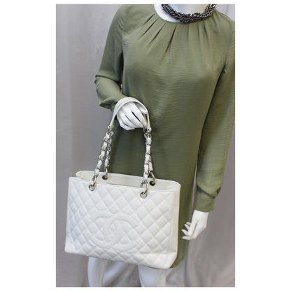 CHANEL Grand Shopping Quilted Caviar Leather Tote Bag White