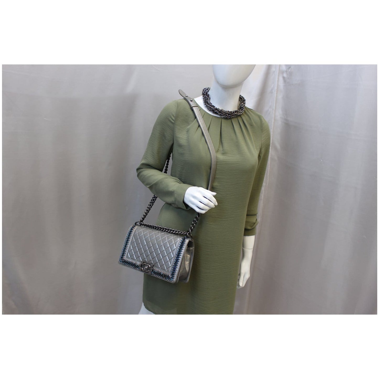 CHANEL Boy Medium Lambskin Leather Embroidered Shoulder Bag Silver - Last Call