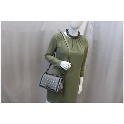 CHANEL Boy Medium Lambskin Leather Embroidered Shoulder Bag Silver - Last Call