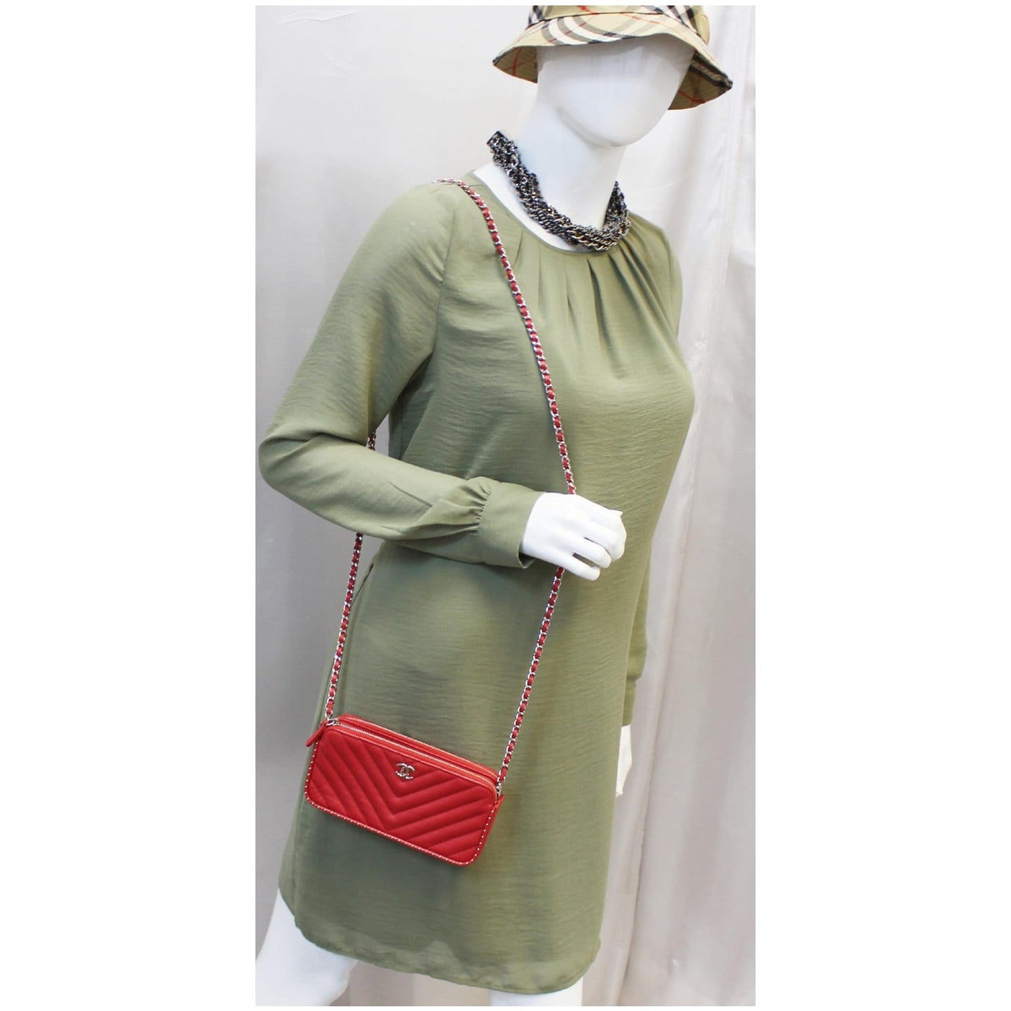 CHANEL Chevron Studded with Chain Lambskin Leather Shoulder Crossbody Bag Red