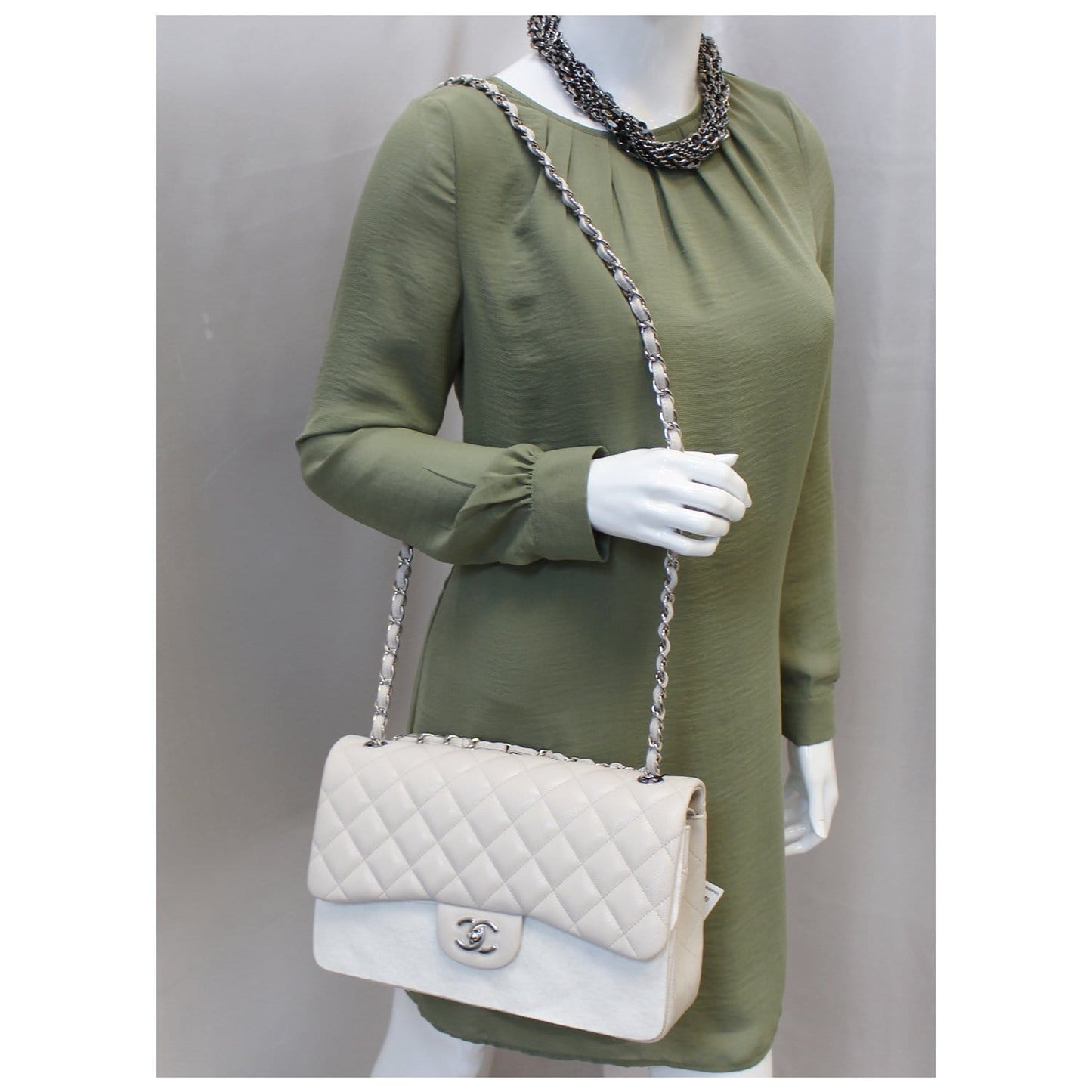 CHANEL Classic Jumbo Double Flap Caviar Leather Ivory Shoulder Bag
