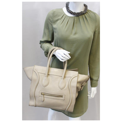 Celine Drummed Calfskin Leather Mini Luggage Tote Bag Dune