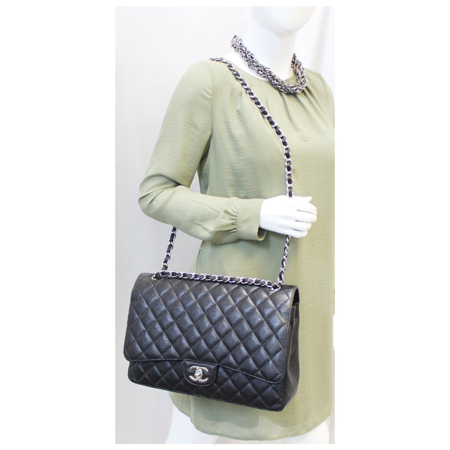 CHANEL Maxi Caviar Leather Jumbo Double Flap Shoulder Bag Black