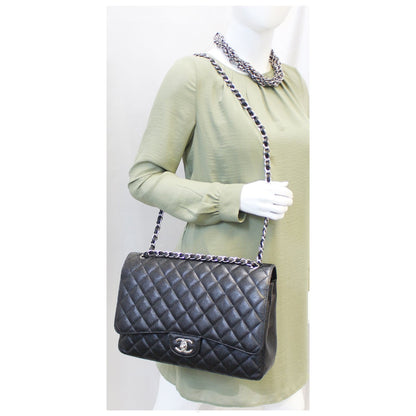 CHANEL Maxi Caviar Leather Jumbo Double Flap Shoulder Bag Black