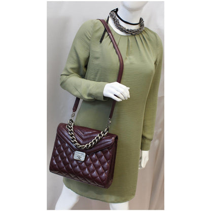 CHANEL Quilted Sheepskin Flap Bag With Handle Shoulder Bag Burgundy