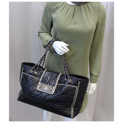 CHANEL East West Large Lambskin Quilted Leather Tote Shoulder Bag Black