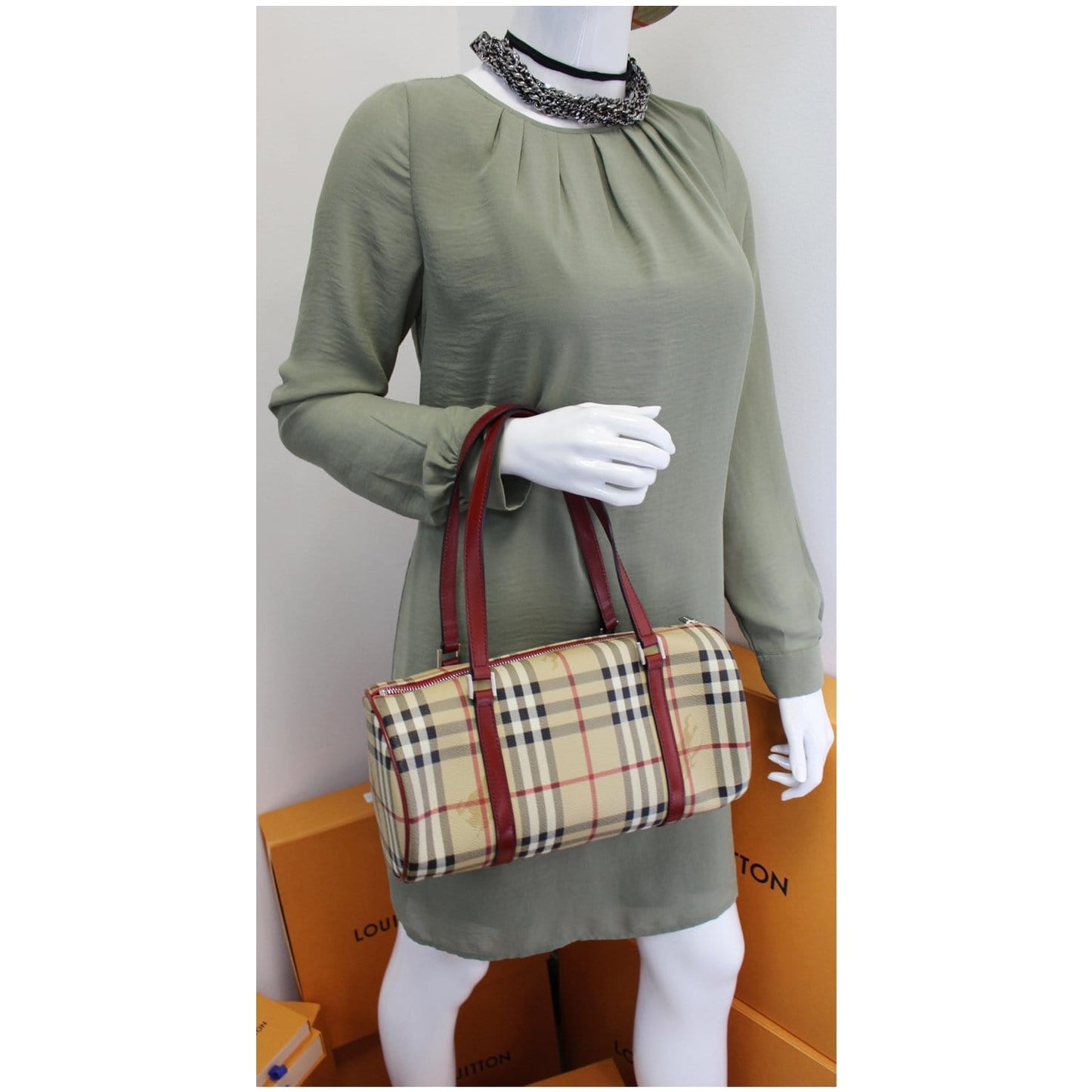 BURBERRY Barrel Haymarket Check Coated Canvas Shoulder Bag Red