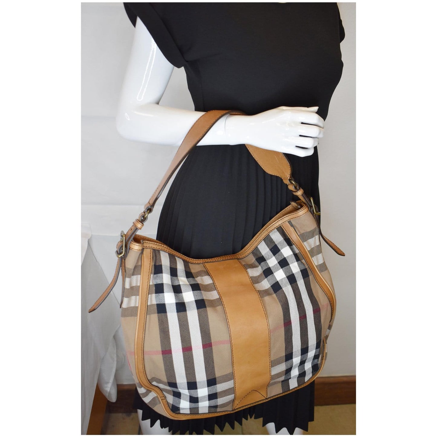 BURBERRY House Check Leather Hobo Bag Brown