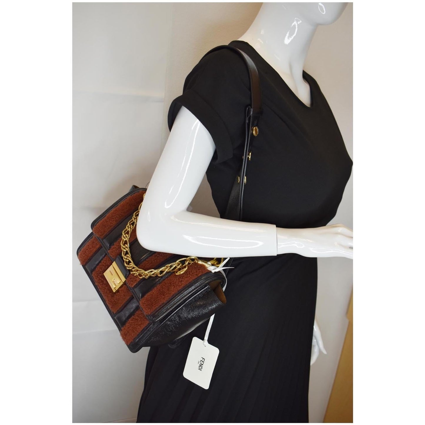 FENDI Kan U Medium Shearling Patent Leather Shoulder Bag Brown